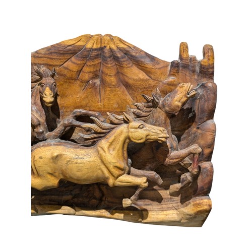 326 - Huge & Impressive Acacia / Teak Hand Carved Mustang High Relief Sculpture Wall Plaque With Grand Can... 