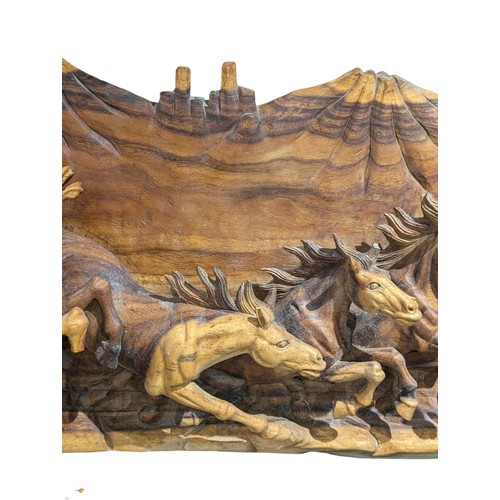 326 - Huge & Impressive Acacia / Teak Hand Carved Mustang High Relief Sculpture Wall Plaque With Grand Can... 