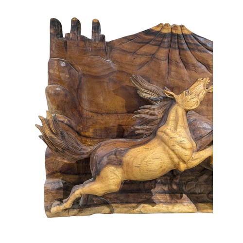 326 - Huge & Impressive Acacia / Teak Hand Carved Mustang High Relief Sculpture Wall Plaque With Grand Can... 