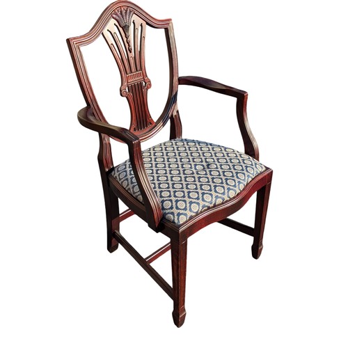 17 - 6 Reproduction Mahogany Shield back Dining Chairs, With Wheatsheaf / Harp Design Excellent Blue Flor... 