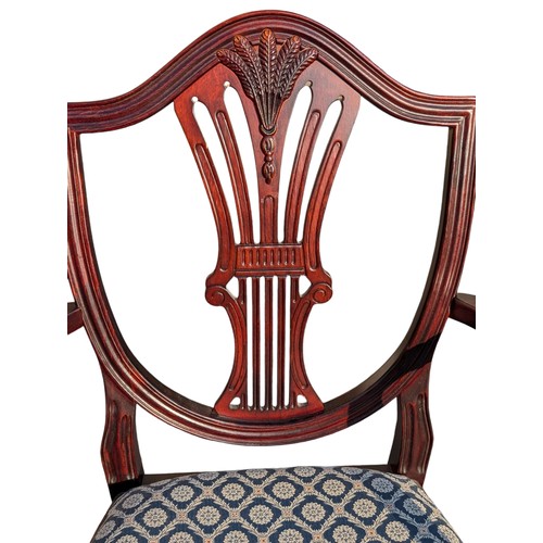 17 - 6 Reproduction Mahogany Shield back Dining Chairs, With Wheatsheaf / Harp Design Excellent Blue Flor... 