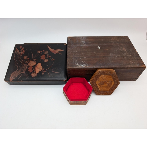 295 - Qty (3) Storage Boxes, Black Lacquer, Small Carved Duck trinket Etc Largest 25x20