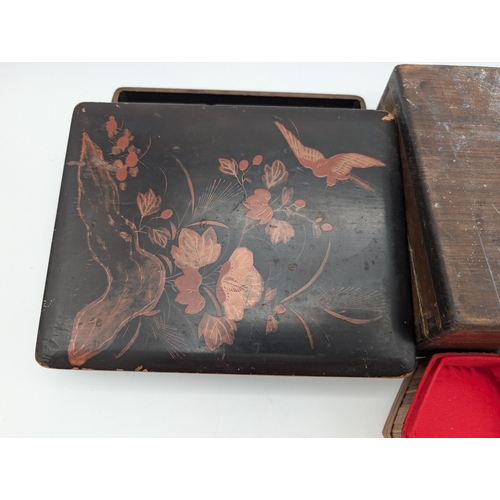 295 - Qty (3) Storage Boxes, Black Lacquer, Small Carved Duck trinket Etc Largest 25x20