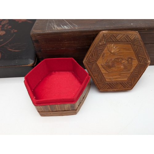 295 - Qty (3) Storage Boxes, Black Lacquer, Small Carved Duck trinket Etc Largest 25x20