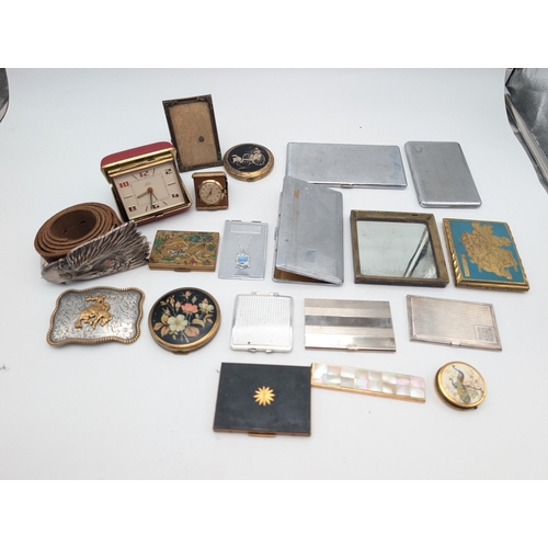 297 - Interesting Mixed Box; Compacts, Cigarette Cases, Smiths Travel Clock, Eagle Belt & Buckle, Nocona R... 