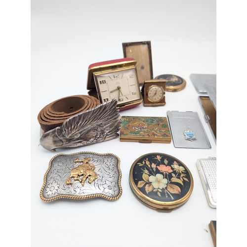 297 - Interesting Mixed Box; Compacts, Cigarette Cases, Smiths Travel Clock, Eagle Belt & Buckle, Nocona R... 