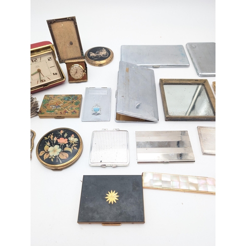 297 - Interesting Mixed Box; Compacts, Cigarette Cases, Smiths Travel Clock, Eagle Belt & Buckle, Nocona R... 