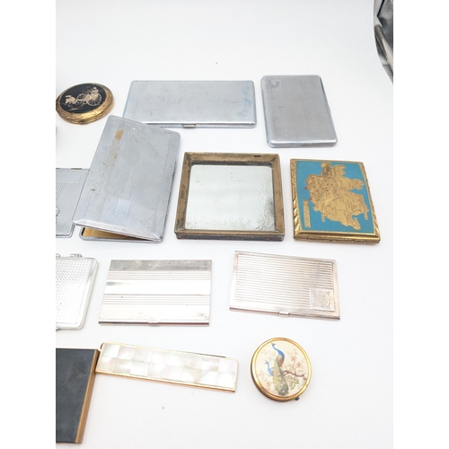 297 - Interesting Mixed Box; Compacts, Cigarette Cases, Smiths Travel Clock, Eagle Belt & Buckle, Nocona R... 