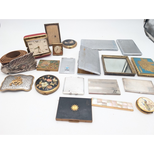 297 - Interesting Mixed Box; Compacts, Cigarette Cases, Smiths Travel Clock, Eagle Belt & Buckle, Nocona R... 