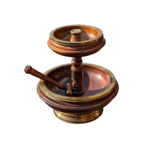 303 - Vintage Brass & Mahogany Made in Italy Two Tier Nut Cracker Bowl With Turned Hammer Brass Ends - Low... 