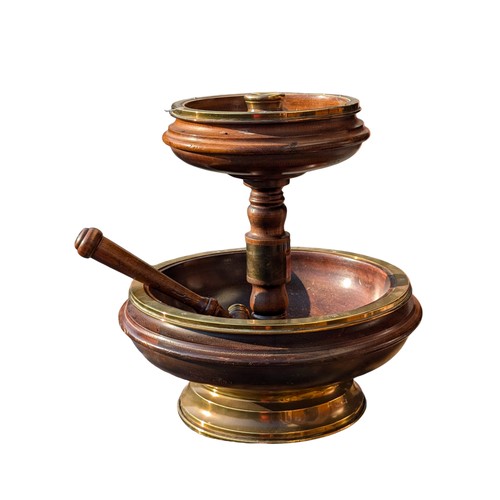 303 - Vintage Brass & Mahogany Made in Italy Two Tier Nut Cracker Bowl With Turned Hammer Brass Ends - Low... 