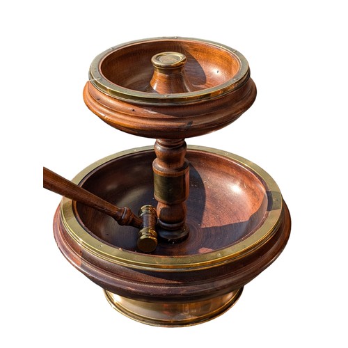 303 - Vintage Brass & Mahogany Made in Italy Two Tier Nut Cracker Bowl With Turned Hammer Brass Ends - Low... 