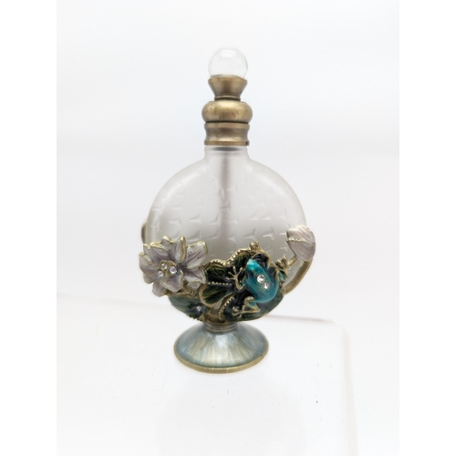 305 - Fabulous Vintage / Art Noveau Glass & Enamel Perfume Bottle With Enamel Frog & Lily Design Dropper I... 