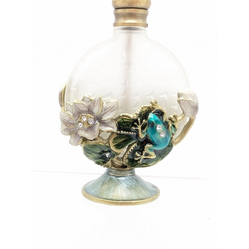 305 - Fabulous Vintage / Art Noveau Glass & Enamel Perfume Bottle With Enamel Frog & Lily Design Dropper I... 