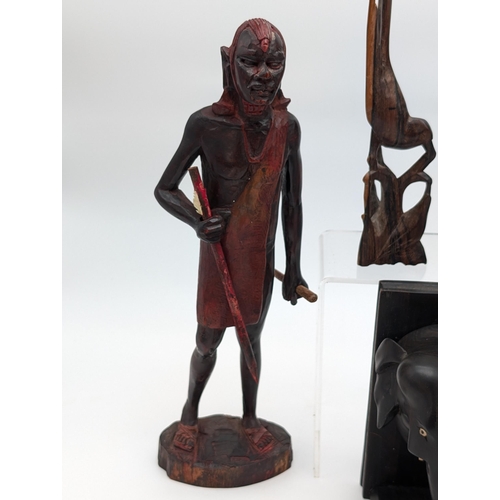 313 - Group (6) Wooden Carved Figurines, Including Two Ethnic / African Tribes Persons, Ebonized Elephant ... 
