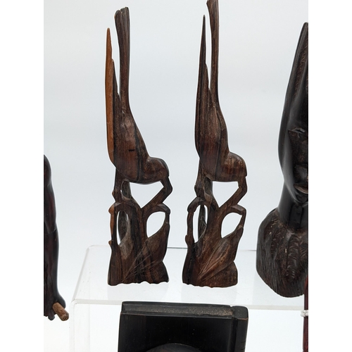 313 - Group (6) Wooden Carved Figurines, Including Two Ethnic / African Tribes Persons, Ebonized Elephant ... 
