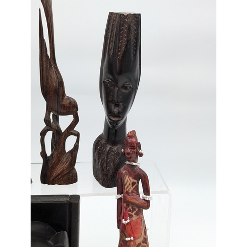 313 - Group (6) Wooden Carved Figurines, Including Two Ethnic / African Tribes Persons, Ebonized Elephant ... 