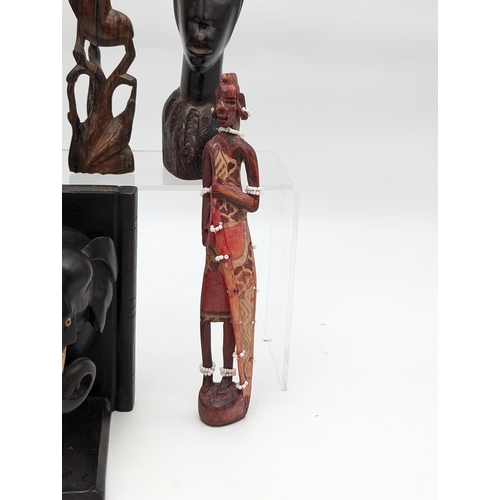313 - Group (6) Wooden Carved Figurines, Including Two Ethnic / African Tribes Persons, Ebonized Elephant ... 