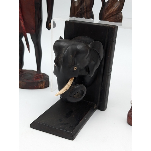 313 - Group (6) Wooden Carved Figurines, Including Two Ethnic / African Tribes Persons, Ebonized Elephant ... 