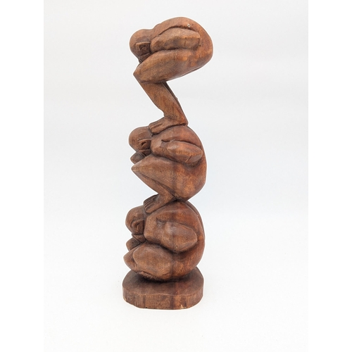 320 - 3 Worried Men / Weeping Buddha Hand Carved Statuette Likely Teak or Other Hard Wood 32cm
