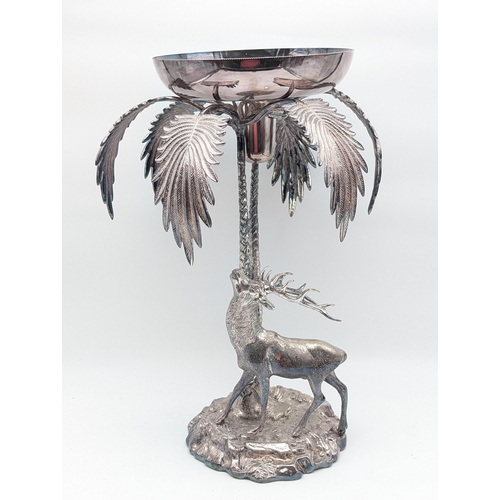 323 - Incredible Mid Century Valenti Silver Stag & Palm Centrepiece, Silver Plated Bronze 42cm H 20cm D, N... 
