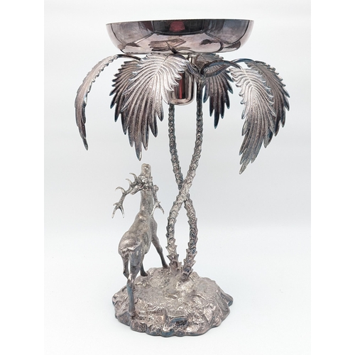 323 - Incredible Mid Century Valenti Silver Stag & Palm Centrepiece, Silver Plated Bronze 42cm H 20cm D, N... 