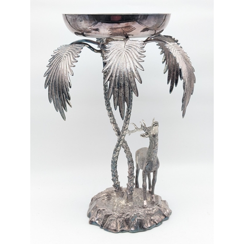 323 - Incredible Mid Century Valenti Silver Stag & Palm Centrepiece, Silver Plated Bronze 42cm H 20cm D, N... 