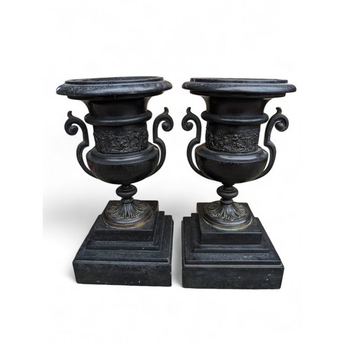 276 - Good Pair Heavy Metal Likely Spelter Urns / Garnitures, Neo Classical Design Nice Condition 13x13x27... 