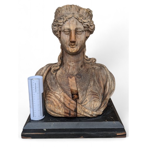 275 - Large 60x50cm Antique Hand Carved Wooden Bust Mounted On Black Plinth, Has Had Previous Repair to No... 