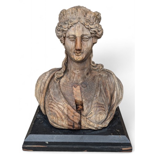275 - Large 60x50cm Antique Hand Carved Wooden Bust Mounted On Black Plinth, Has Had Previous Repair to No... 
