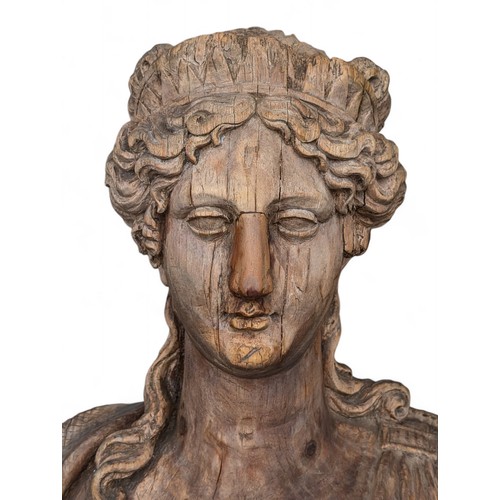 275 - Large 60x50cm Antique Hand Carved Wooden Bust Mounted On Black Plinth, Has Had Previous Repair to No... 