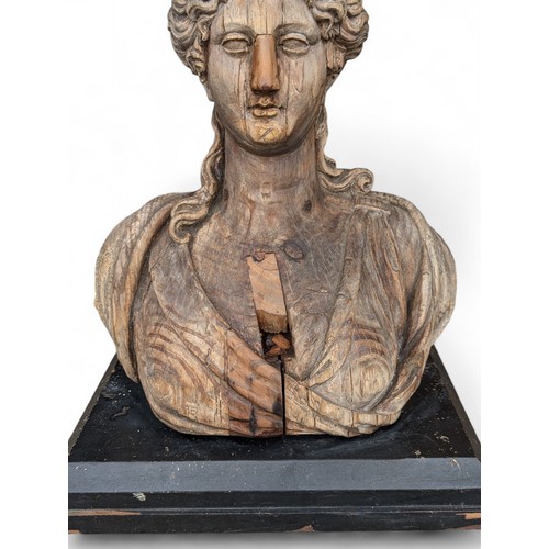 275 - Large 60x50cm Antique Hand Carved Wooden Bust Mounted On Black Plinth, Has Had Previous Repair to No... 