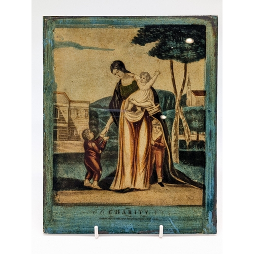 148 - Group (5) Antique Early 19th century reverse prints on glass, 20x24.5cm Entitled, America, Charity, ... 