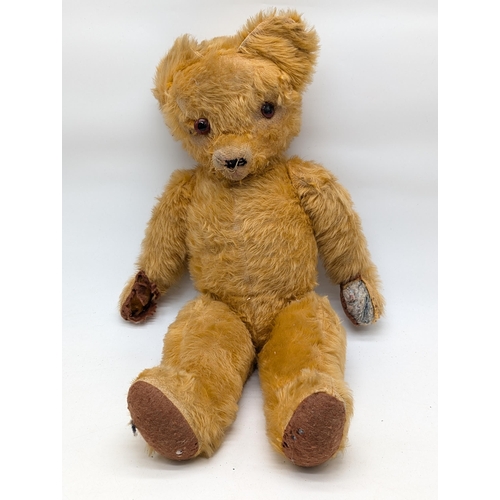 191 - Large Vintage Articulated Glass Eyed Teddy Bear - Has Paw Damage 63cm