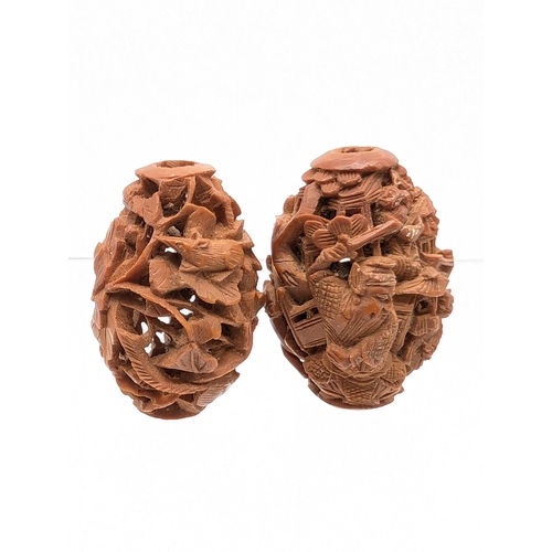 248 - Profusely Carved Vintage Possible Antique Chinese Nut Beads With Highly Detailed Chinese Scenes 2x1.... 