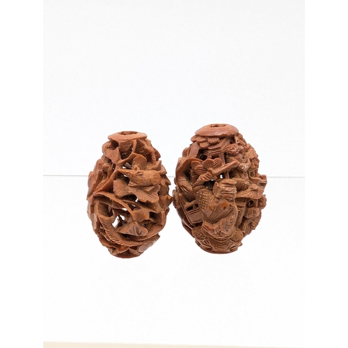 248 - Profusely Carved Vintage Possible Antique Chinese Nut Beads With Highly Detailed Chinese Scenes 2x1.... 