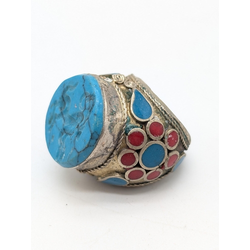 249 - Ottoman Style Persian Silver Wax Seal Ring, Turquoise and Red Decoration and Scrolled Design. Appear... 