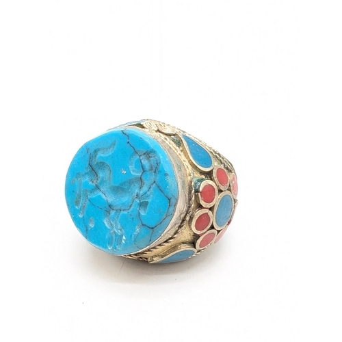 249 - Ottoman Style Persian Silver Wax Seal Ring, Turquoise and Red Decoration and Scrolled Design. Appear... 