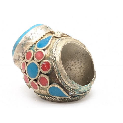 249 - Ottoman Style Persian Silver Wax Seal Ring, Turquoise and Red Decoration and Scrolled Design. Appear... 