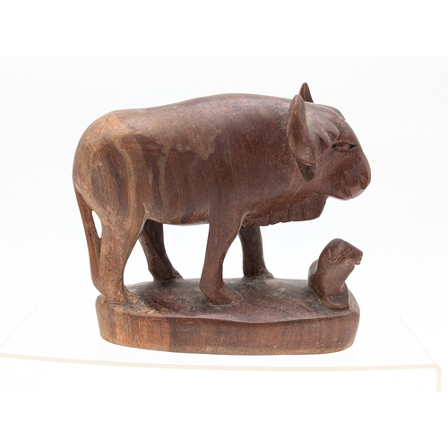260 - Well Carved Bison / Buffalo With Calf Solid Wooden Ornament 6x2x6