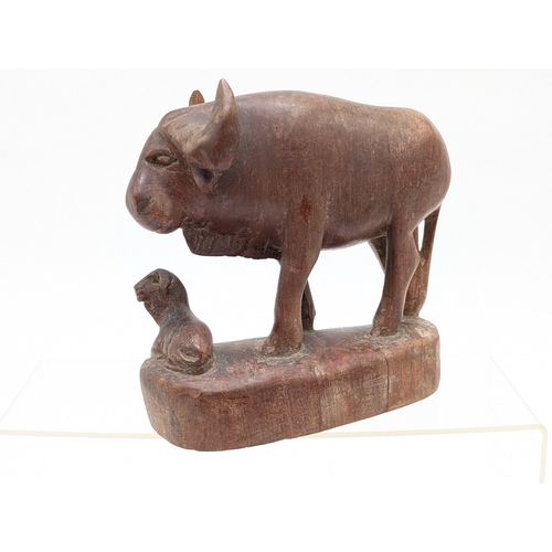 260 - Well Carved Bison / Buffalo With Calf Solid Wooden Ornament 6x2x6