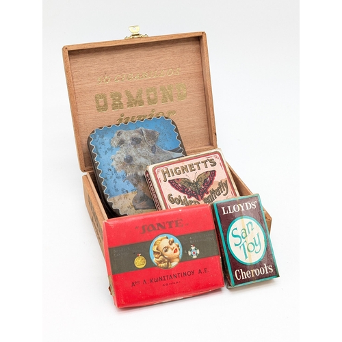 265 - Sealed Cheroots, Ormond Jr Wooden Box With Hignetts Butterfly Cigarette Box, Dog Themed Confectionar... 