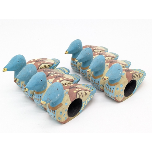266 - Set 8 Hand painted Hand Carved Duck Napkin Rings - 10cm