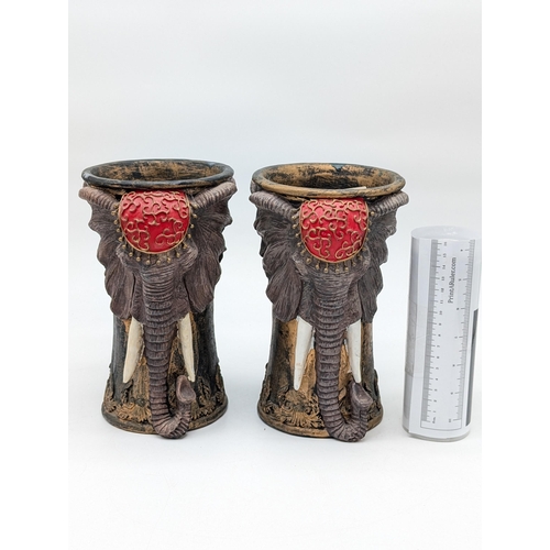 271 - Pair Nice Quality Well Decorated Double Headed Elephant Vases 20x25cm