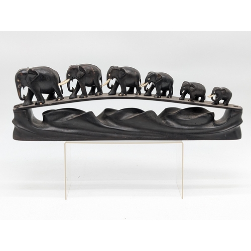 272 - Vintage 6 Carved Elephants Black Ebony Bridge - 46cm, Some Tusks Missing But Overall Displays Well