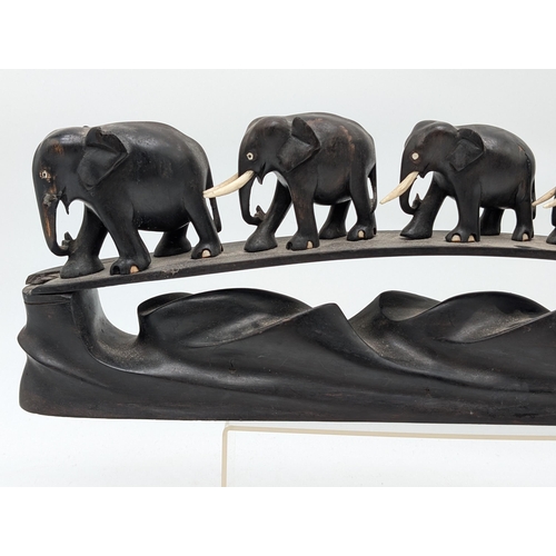 272 - Vintage 6 Carved Elephants Black Ebony Bridge - 46cm, Some Tusks Missing But Overall Displays Well