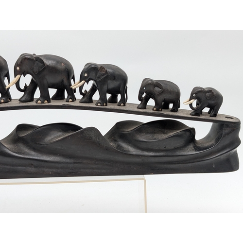 272 - Vintage 6 Carved Elephants Black Ebony Bridge - 46cm, Some Tusks Missing But Overall Displays Well
