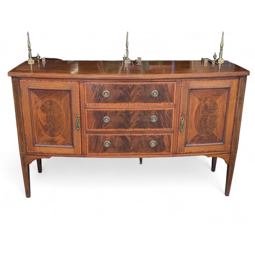 44 - Georgian Mahogany Inlaid Serpentine 3 Drawer 2 Door Gallery Dresser / Side Board With Metal Rail 153... 