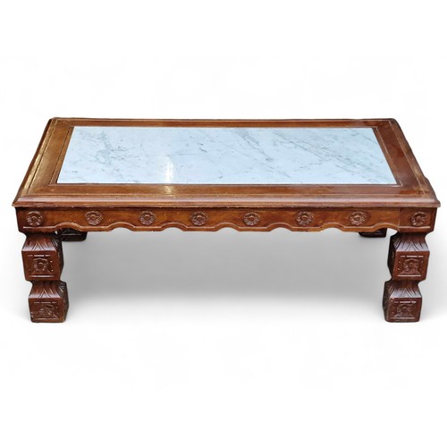 50H - Vintage Solid Wood And Marble Topped Highly carved and Decorated Coffee Table - 102x53x40cm