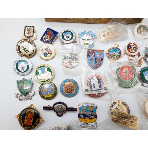 291 - Large Quantity Various New & Unbagged Pin Badges, Mostly Bowling Related. Contained Within Brass Dec... 